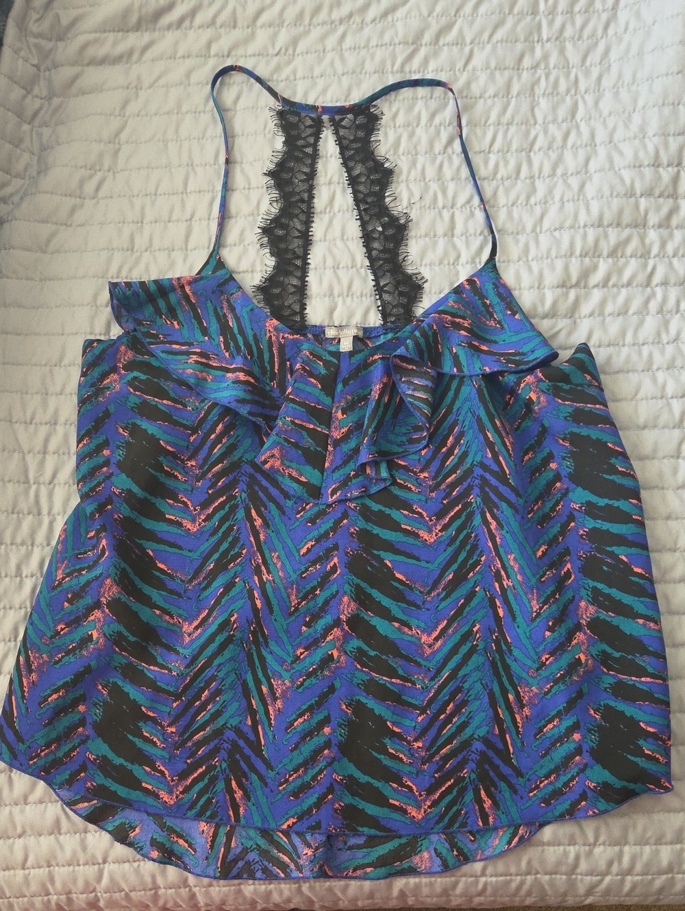 Charlotte Russe Blue & Black Lace-Back Ruffle Cami